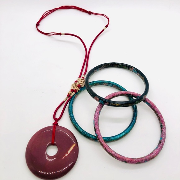 Vintage Cloisonne Bangles & Stone Pendant Necklace - Picture 1 of 11